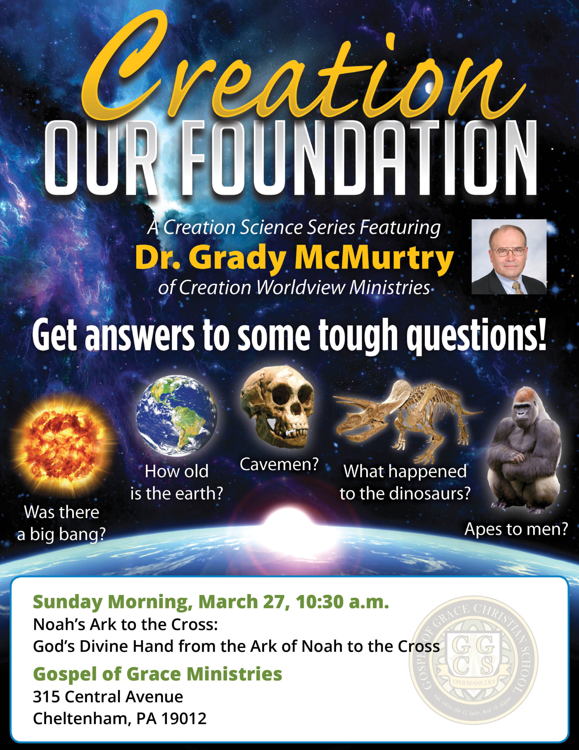 Creation worldview poster for event at Gospel of Grace Ministries